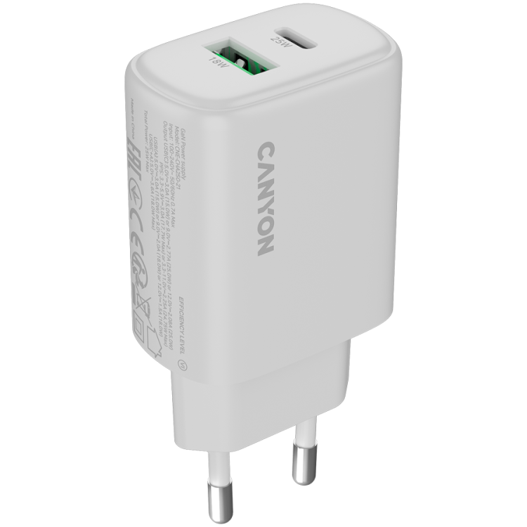 Canyon OnCharge 250 25W 1xPD 1xQC зарядно устройство бял