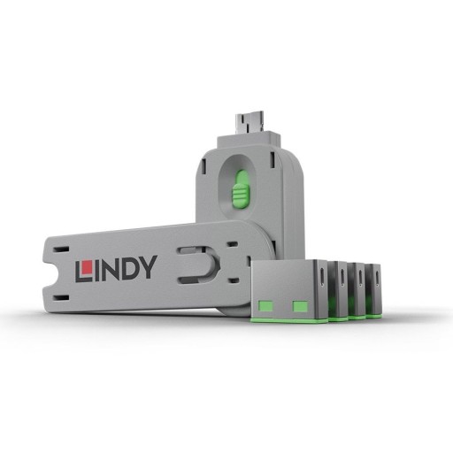 LINDY LNY-40451 Система за заключване на USB портове, 1 ключ, 4 порт блокера, зелен