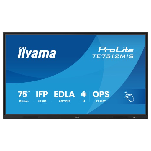 IIYAMA TE7512MIS-B4AG, 75'' VA panel, UHD 3840x2160, 400cd/m2, Android 14,  WiFi-6, BT, Quad Core A73, 8GB, 128GB, OPS slot, Black публичен дисплей