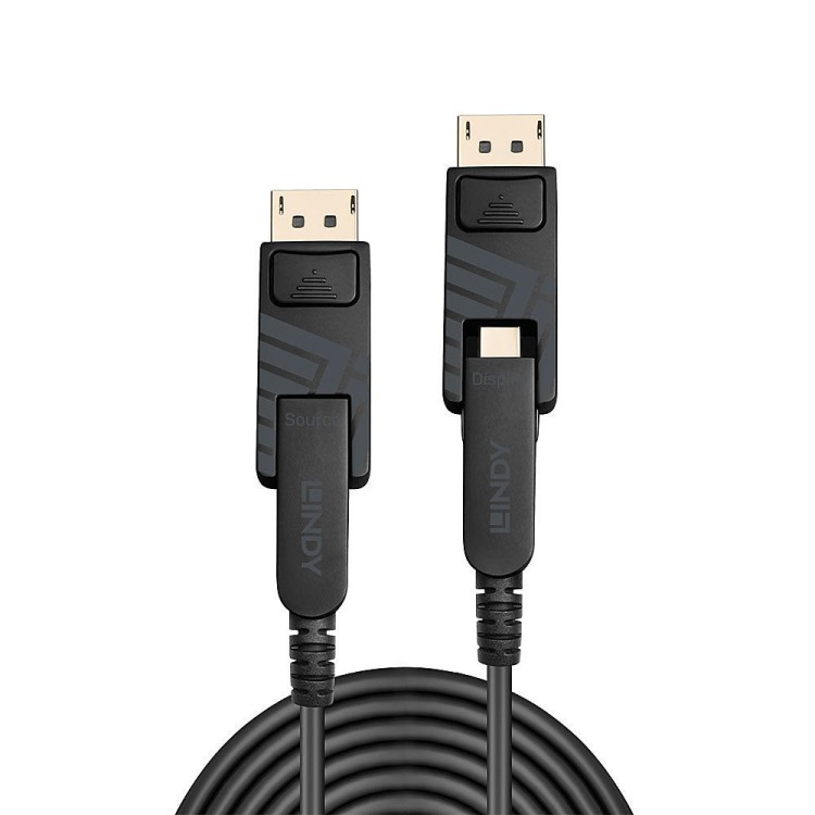 LINDY Оптично-меден хибриден Mini DisplayPort 1.4 кабел със сменяеми DisplayPort конектори, черен, 70.0 м LNY-38485
