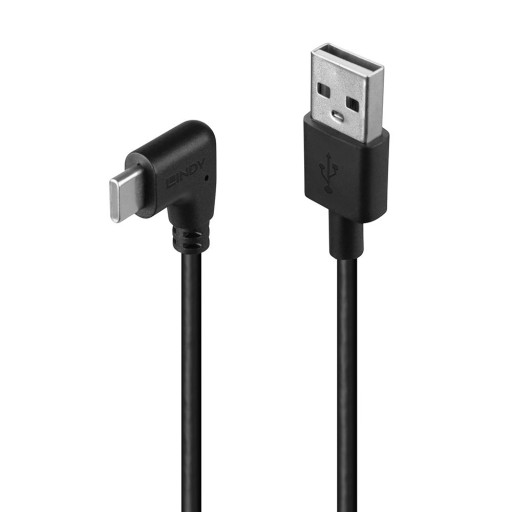 LINDY LNY-32000 Кабел USB 2.0, Type A към C, M/M, ъглов, 90° надясно, черен, 0.5 м