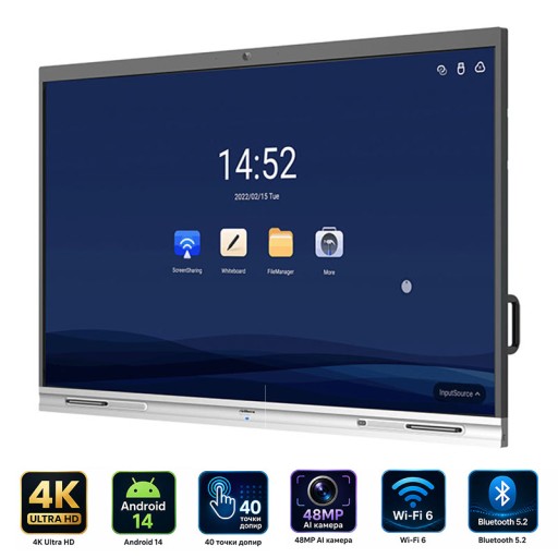 Dahua LCH75-MC410-B-S2 75" 4K UHD Touch AI Webcam + Mic Android 14 Интерактивен дисплей